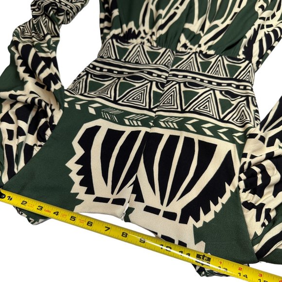 PatBO Dress Size 0 V-Neck Fit Flare Fringe Trim Emerald Green Ivory Print - Picture 14 of 16